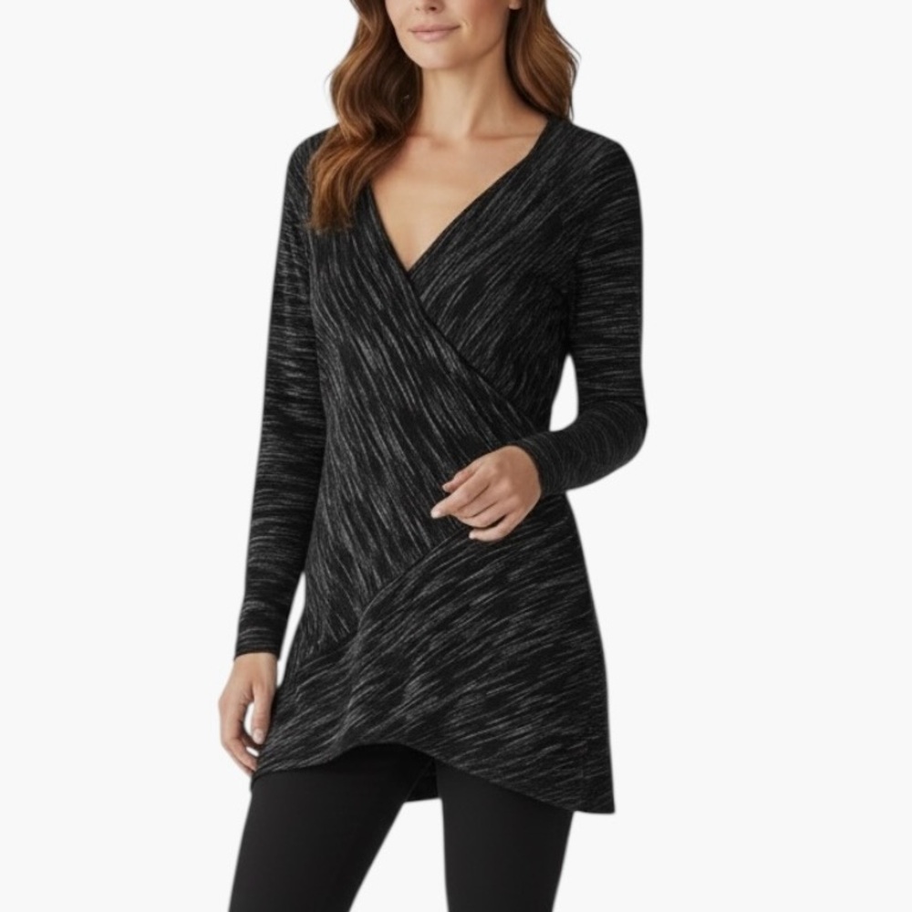 Max Studio Knit Faux Wrap Tunic Top in Black & White Marled Women’s Size M